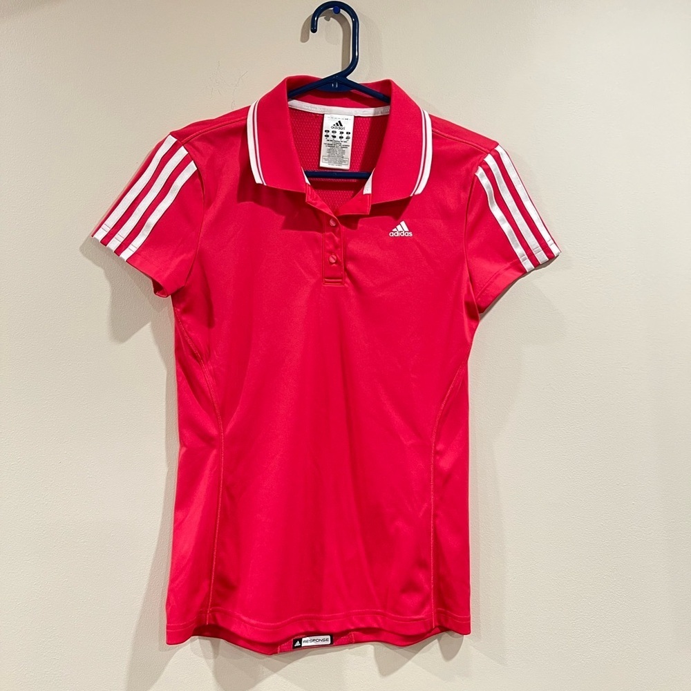 adidas Women's Pink Polo Shirt with White Stripes